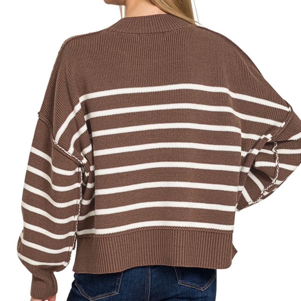 Zenana Outfitters Emerald and White Striped Crew Neck Sweater - Picture 4 of 4